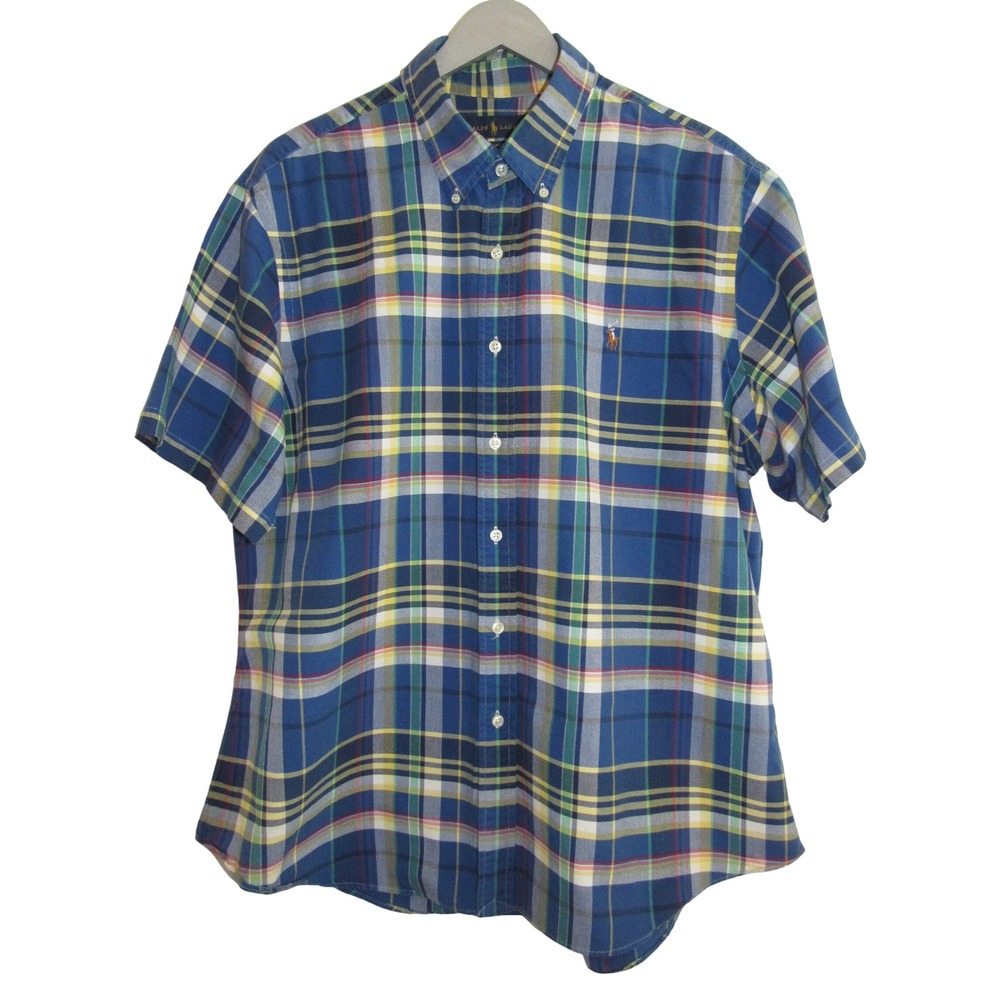 Ralph Lauren Mens 2XL Slim Fit Short Sleeve Plaid Button Down Shirt Blue Yellow - Picture 2 of 8